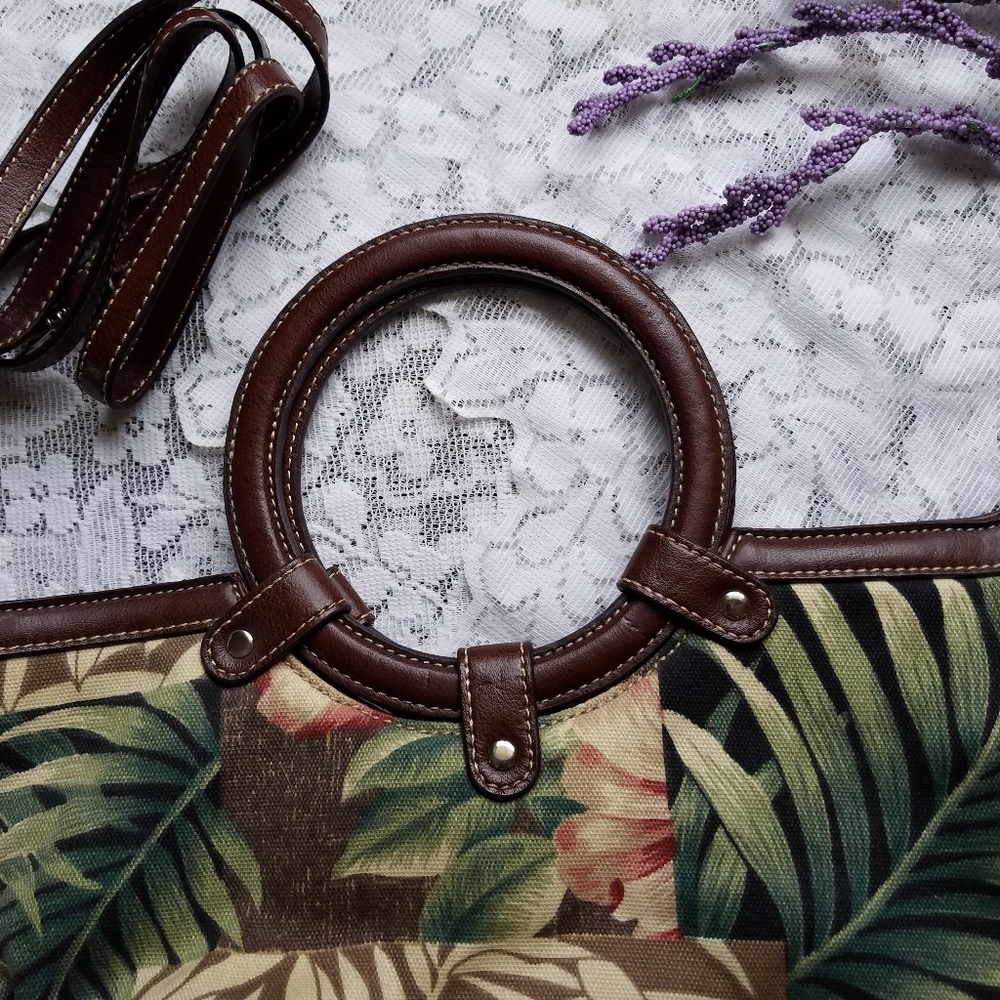 Purse Tropical Florals Removable Strap Brown Green - Picture 2 of 8